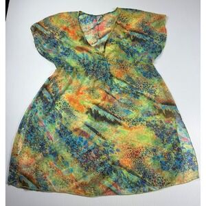 Pineapple Cove Dress Sheer Colorful‎ V-Neck Short Sleeve Lightweight L
